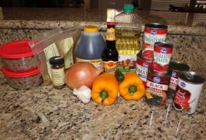 All the ingredients gathered (pre-browned beef & good Texas beer from Shiner Bock)