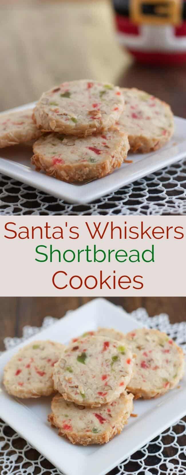 Santa's Whiskers Cookies are a shortbread cookie with candied fruit, nuts and coconut to make a fun and festive way to celebrate the holidays! Easy to make ahead too.
