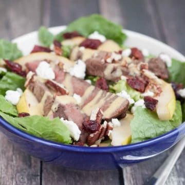 This Delicious Beef Tenderloin Pear and Cranberry Salad with Honey Mustard Dressing is simple to prepare and a great, healthy meal idea.