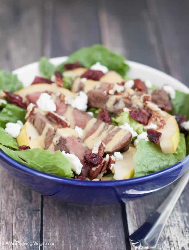 This Delicious Beef Tenderloin Pear and Cranberry Salad with Honey Mustard Dressing is simple to prepare and a great, healthy meal idea.