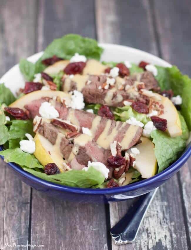 This Delicious Beef Tenderloin Pear and Cranberry Salad with Honey Mustard Dressing is simple to prepare and a great, healthy meal idea.