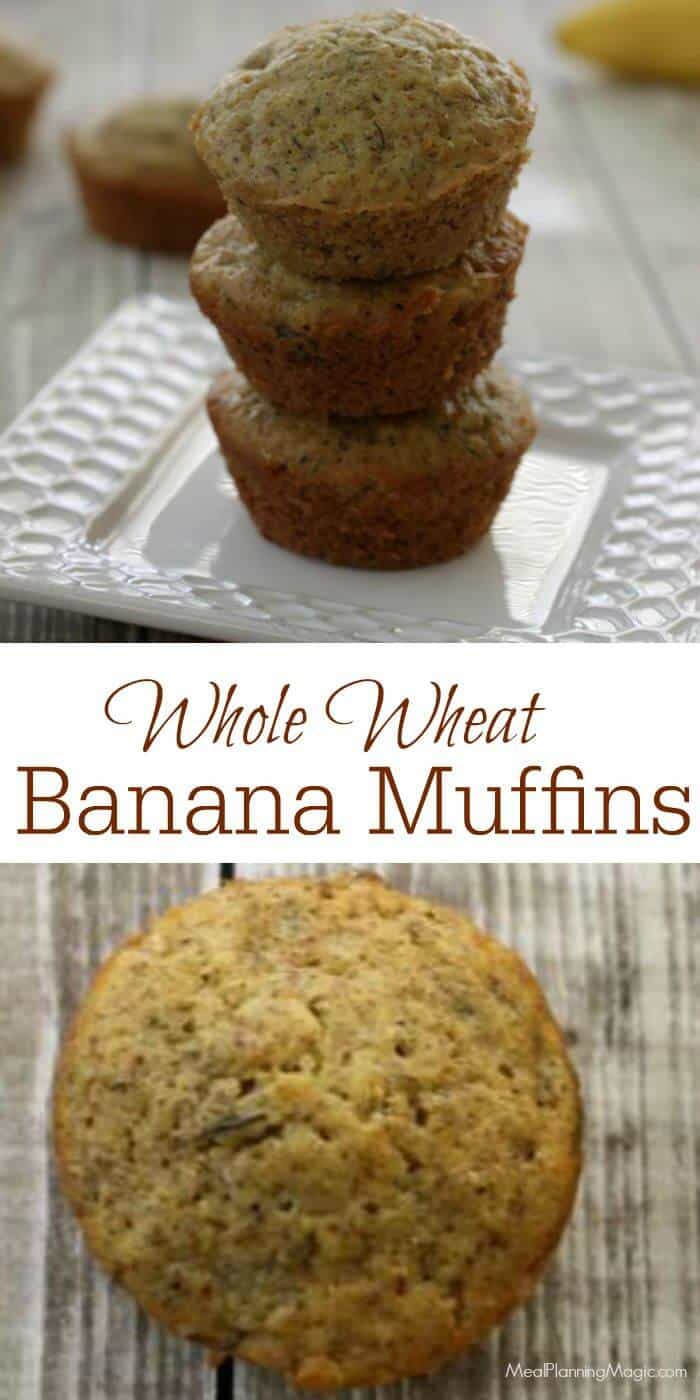 These Easy Whole Wheat Banana Muffins are a family favorite and really are SO easy! They're super delicious too! | Recipe at MealPlanningMagic.com