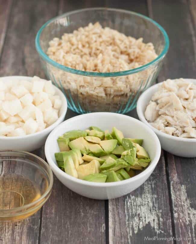 This Jicama Avocado Crab and Brown Rice salad has an Asian flare to it and is perfect for a light lunch or as a side dish. Find the recipe at MealPlanningMagic.com