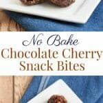 collage image of No Bake Chocolate Cherry Snack Bites with oatmeal on a white plate on a blue napkin with extra bites on tray in background