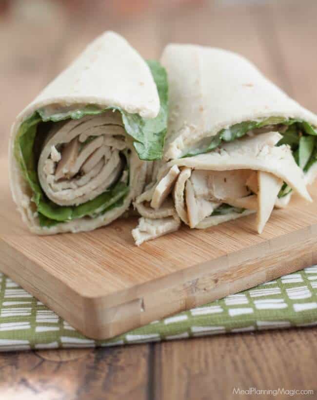 This Chicken Caesar salad wrap is a delicious sandwich wrap combining chicken lunch meat with a fresh Caesar salad! Perfect make ahead meal for lunch boxes!