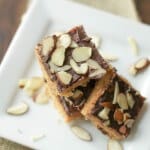 These Easy Toffee Almond Bar are simple shortbread bars with a light toffee flavor topped with chocolate and almonds! | Recipe at MealPlanningMagic.com