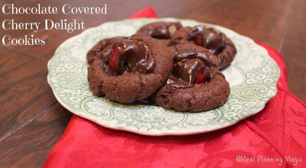 chocolate covered cherry delight cookies image Chocolate covered cherry delight cookies are soft chocolate cookies with a sweet cherry filling. Reminiscent of cordial cherry candies, but without the gooey mess!