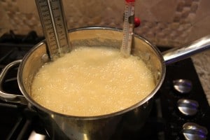 Mixing sugar, butter, and milk to create homemade fudge