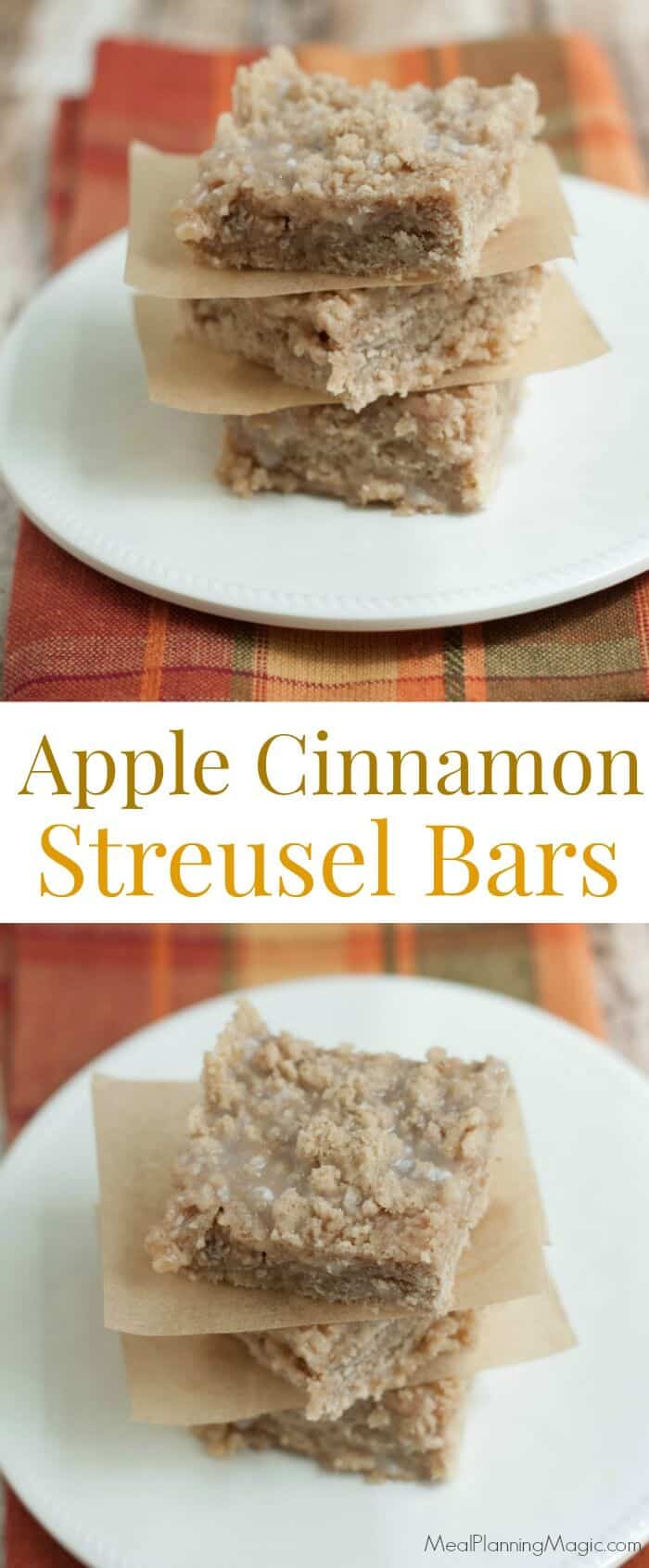 These Apple Cinnamon Streusel Bars are perfect for fall--or any time of year when you want a slightly sweet, cinnamony treat! They come together easily too. Find the recipe at MealPlanningMagic.com