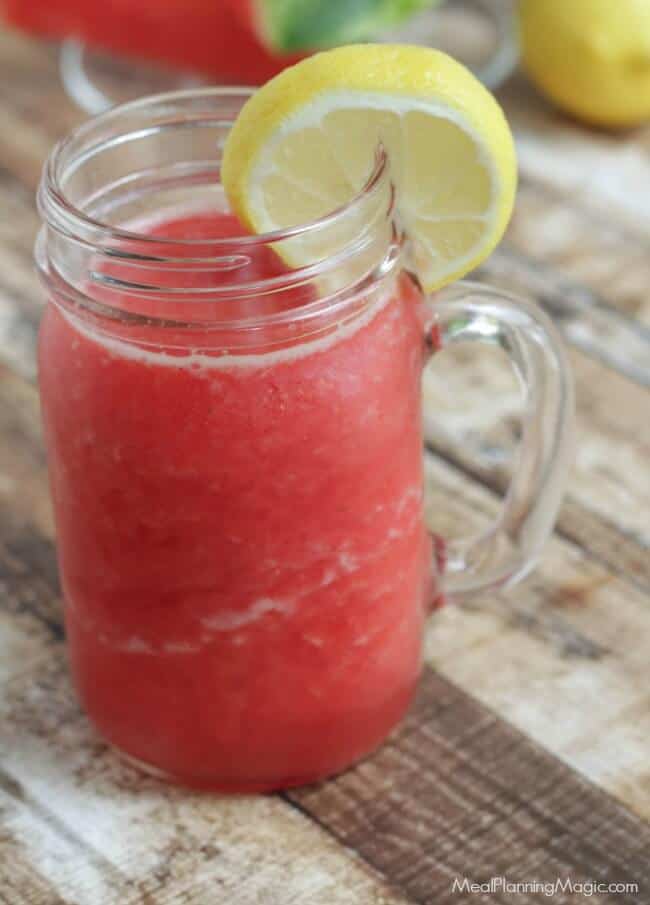 Refreshing and simple, this Watermelon Lemonade Slush is a great way to use up leftover watermelon--it's freezer friendly too!