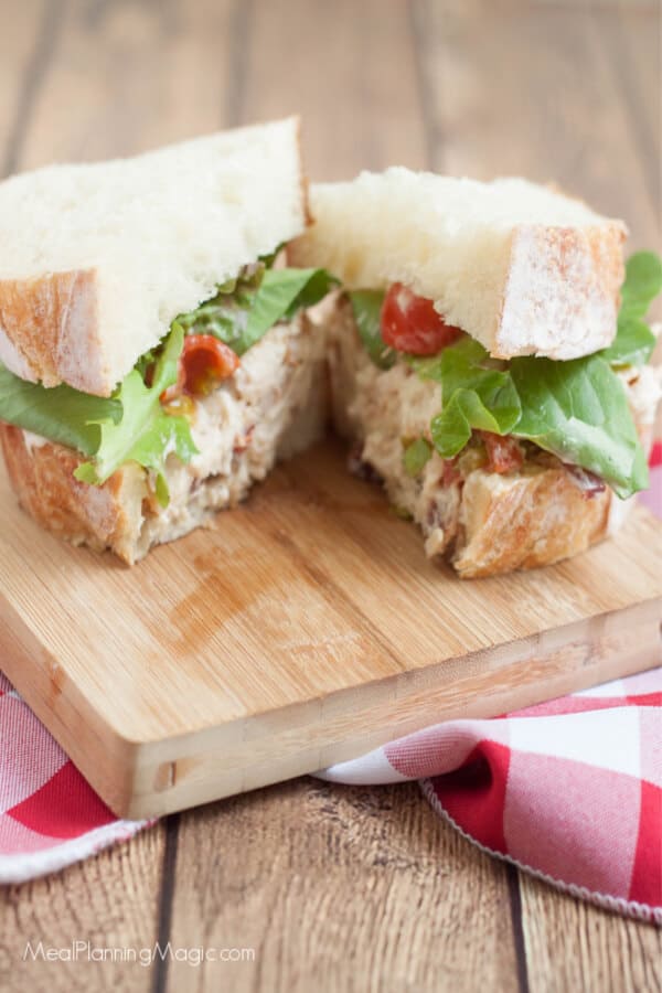 image of sliced BLT chicken salad sandwich