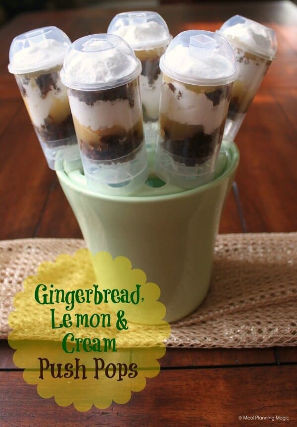 Gingerbread lemon cream push pops are an easy holiday dessert, combining homemade gingerbread, lemon curd, and whipped cream. | #12weeksxmastreats | MealPlanningMagic.com