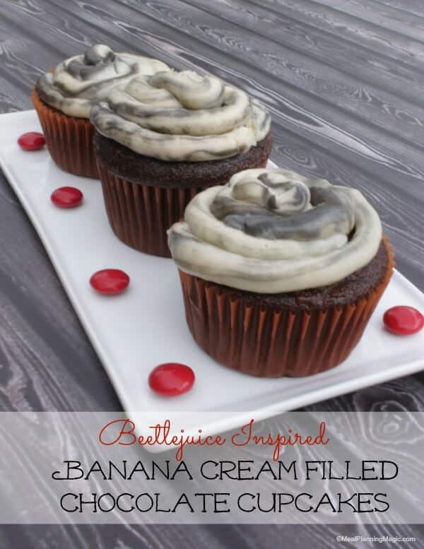 Inspired by the Beetlejuice movie, these banana cream filled chococlate cupcakes are delicious and fun to eat! | #blogfilmfood | Recipe on www.mealplanningmagic.com