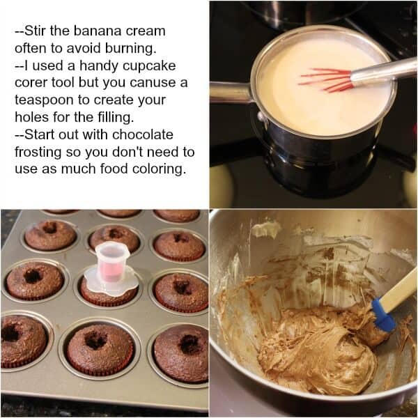 how to make banana cream filled chocolate cupcakes - recipe image