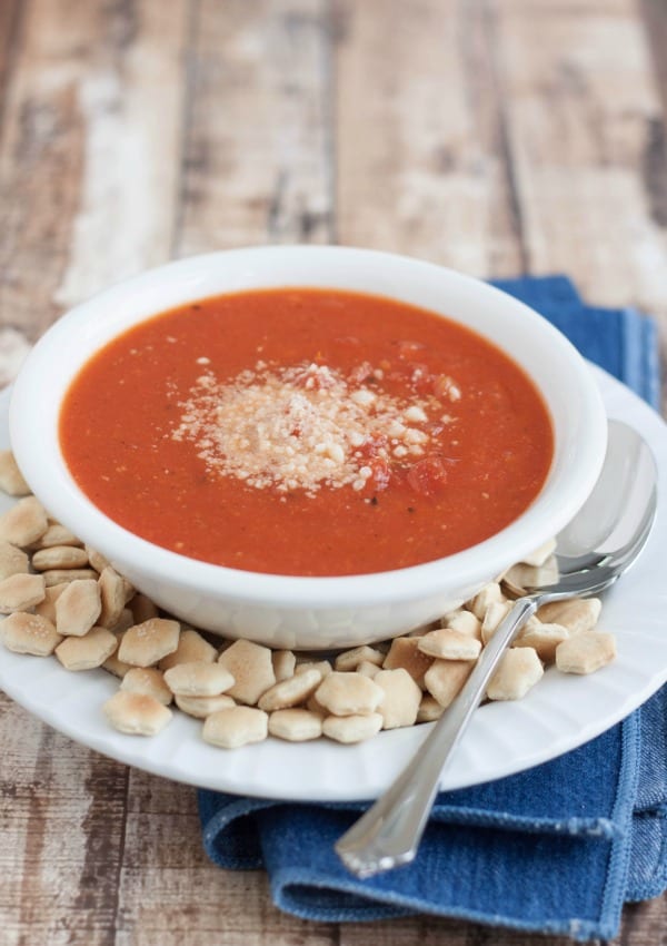 side view of tomato basil Parmesan soup