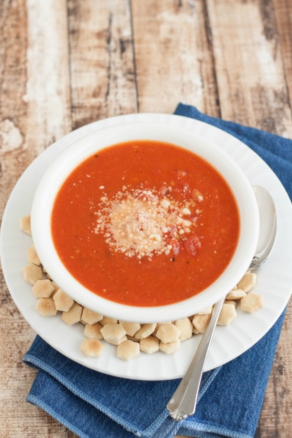 top view image of tomato basil Parmesan soup
