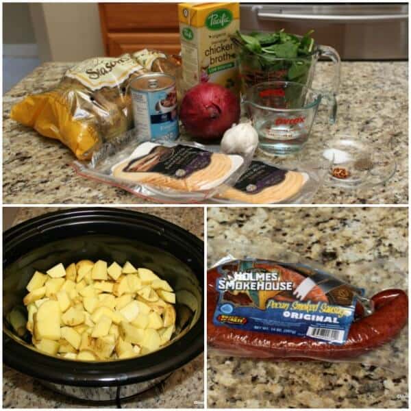 Ingredients to make Slowcooker Potato Soup with Kielbasa, Spinach and Gouda 