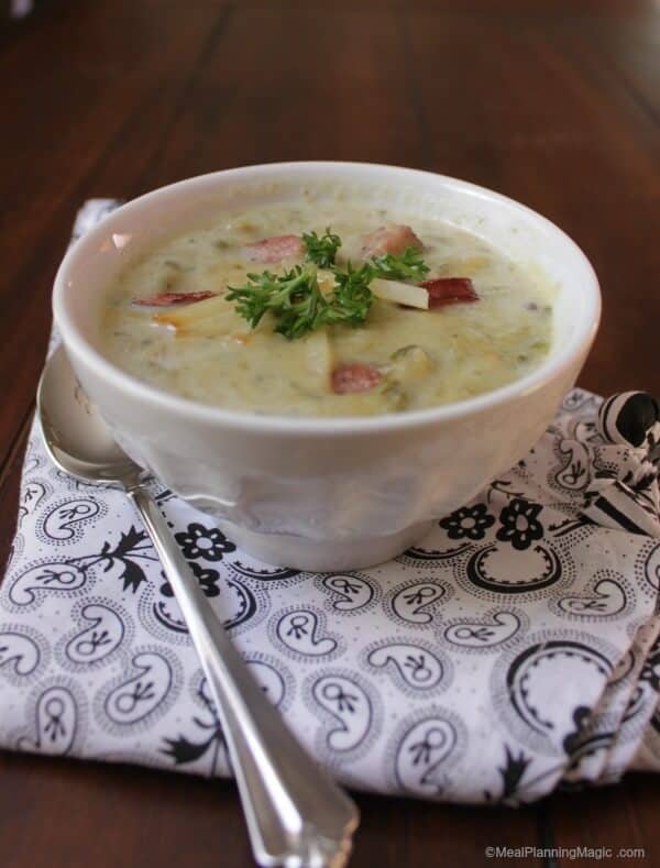 Crockpot Potato Soup with Kielbasa Sausage, Spinach and Gouda Cheese | Recipe on www.mealplanningmagic.com