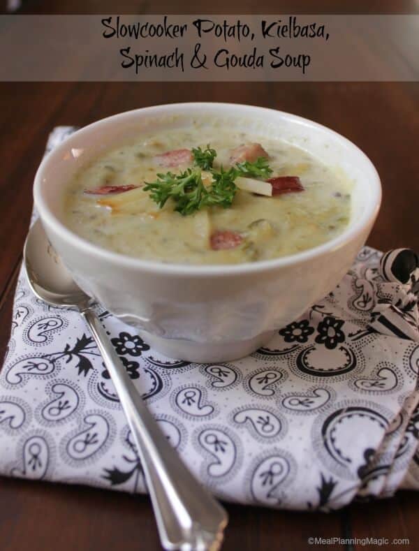 Slowcooker Potato Kielbasa Spinach and Gouda Soup | #SundaySupper | Recipe on www.mealplanningmagic.com