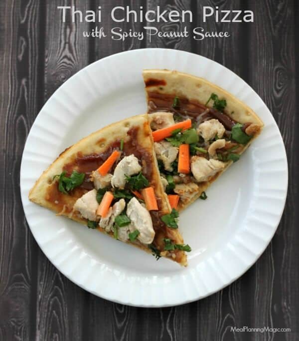 Simple Thai Chicken Pizza with Spicy Peanut Butter Sauce