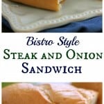 Collage image of steak and onion sandwich with text overlay in middle.