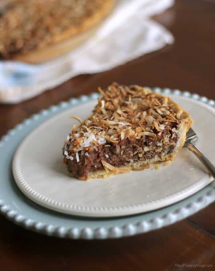 If you love German chocolate cake, you'll love this German chocolate pie! Creamy chocolate filling with nuts and coconut and SO much easier to make! | Find the recipe at MealPlanningMagic.com