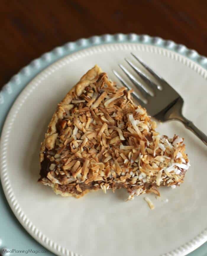 If you love German chocolate cake, you'll love this German chocolate pie! Creamy chocolate filling with nuts and coconut and SO much easier to make! | Find the recipe at MealPlanningMagic.com