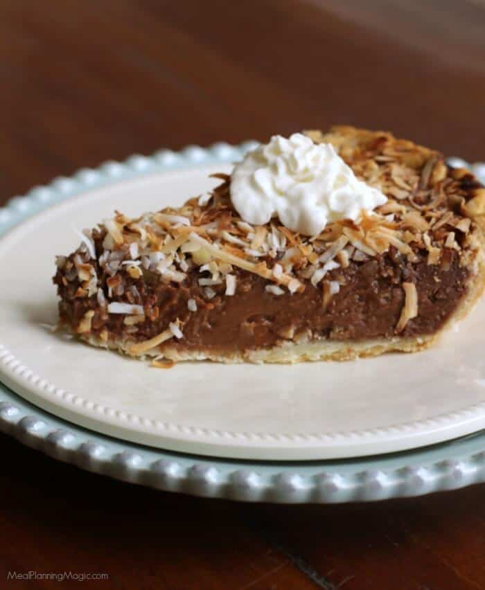 If you love German chocolate cake, you'll love this German chocolate pie! Creamy chocolate filling with nuts and coconut and SO much easier to make! | Find the recipe at MealPlanningMagic.com