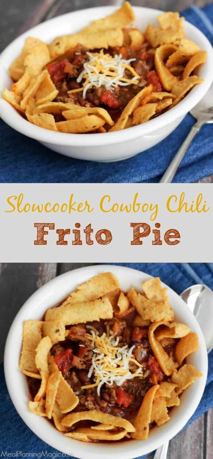 You can enjoy chili year round with Slowcooker Cowboy Chili Frito Pie! Full of better-for-you ingredients, indulge your cravings with this flavorful version! | Recipe at MealPlanningMagic.com