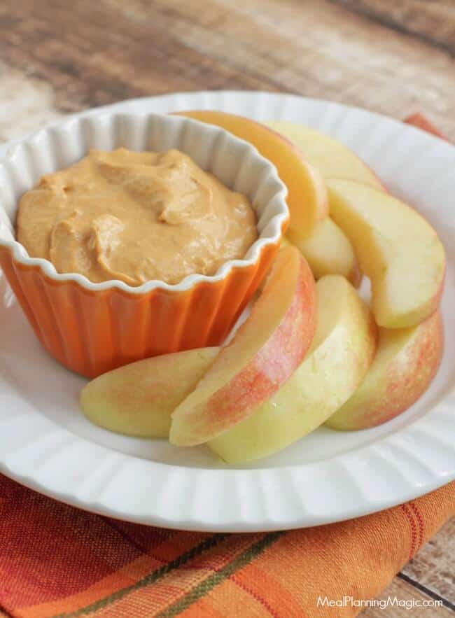 Simple and so tasty with fresh fruit like sliced apples, this Creamy Pumpkin Dip is a perfect fall snack or treat anytime! | Get the recipe at MealPlanningMagic.com