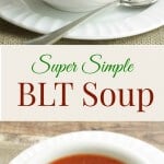 Bacon lettuce, tomato and beans soup in a white bowl on a white plate with spoon.