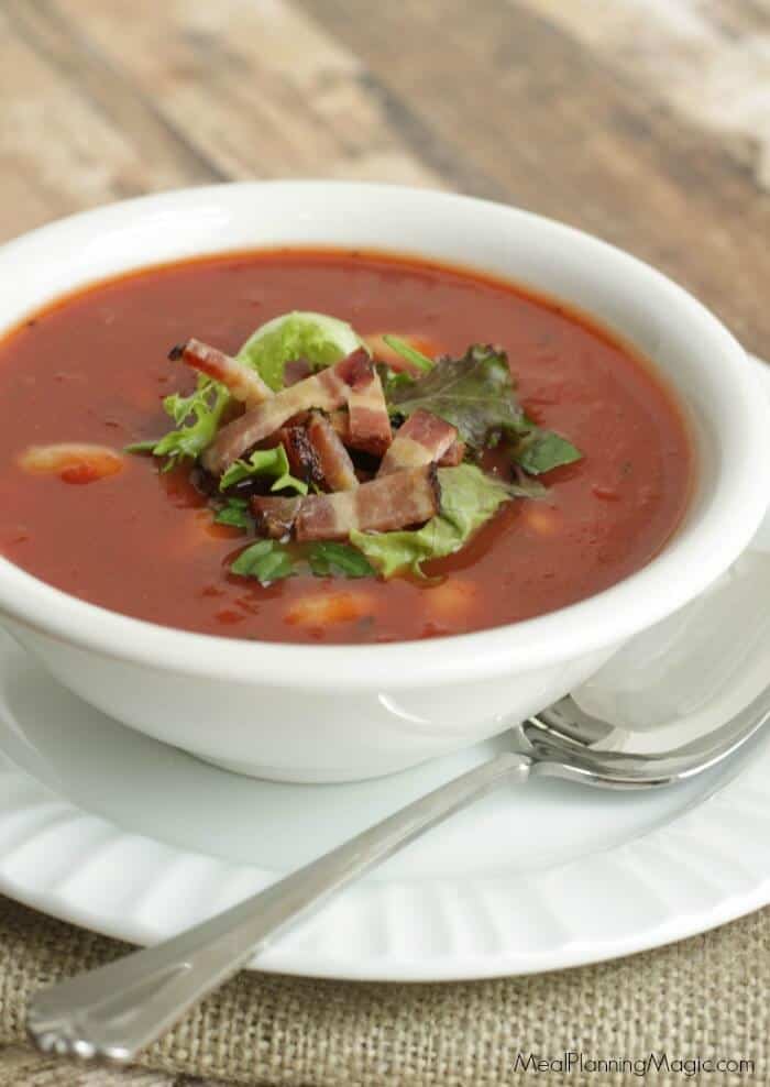 Bacon, lettuce, tomato and cannellini beans come together for this BLT Soup for a unique twist on this classic flavor combination in this super simple soup recipe.