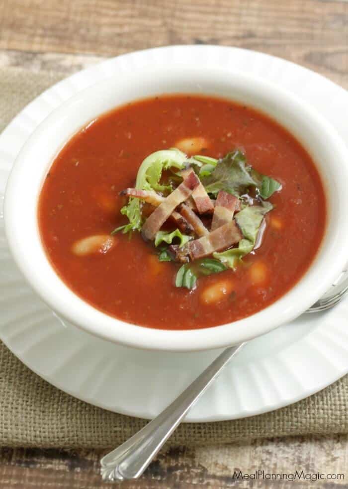 Bacon, lettuce, tomato and cannellini beans come together for this BLT Soup for a unique twist on this classic flavor combination in this super simple soup recipe.