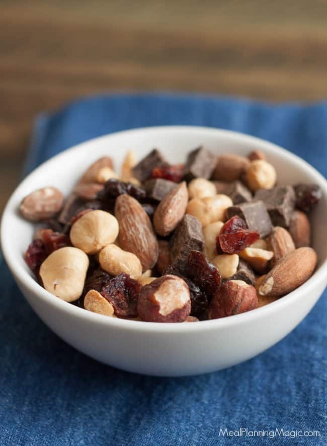 My Black Forest Trail Mix is full of protein and nutrient rich nuts and dried fruit like cherries and hazelnuts and just a bit of dark chocolate—the perfect combination of salty and sweet! Get the recipe at MealPlanningMagic.com