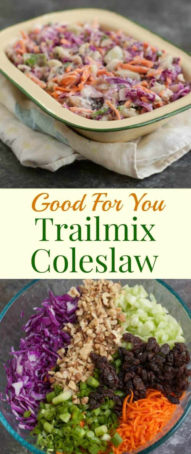 Filled with good for you vegetables, nuts and dried fruits, this Trailmix Coleslaw is easy to make ahead and do delicious too!