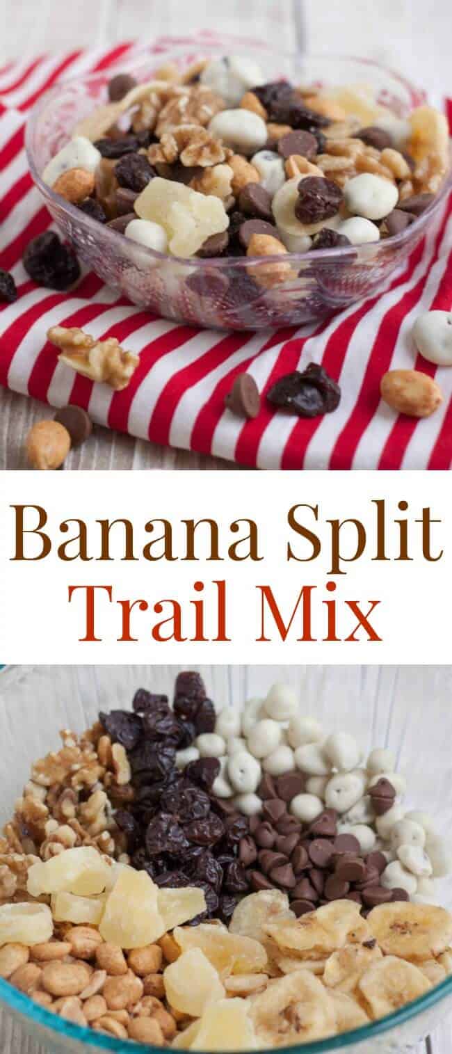 Banana Split Trail Mix is full of protein and nutrient rich nuts and dried fruit like banana chips, pineapple, cherries and just a touch of chocolate for a healthier treat on the go! Recipe at MealPlanningMagic. com