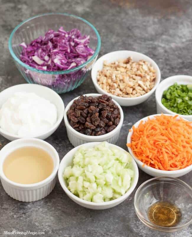 Filled with good for you vegetables, nuts and dried fruits, this Trailmix Coleslaw is easy to make ahead and do delicious too!