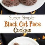 Collage image of chocolate cookies shaped and decorated like cat faces on a white plate on a black napkin with jack-o-lantern faces.