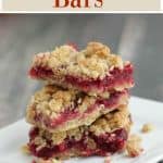 Collage image of stack of three cranberry crumble bars on a white plate.