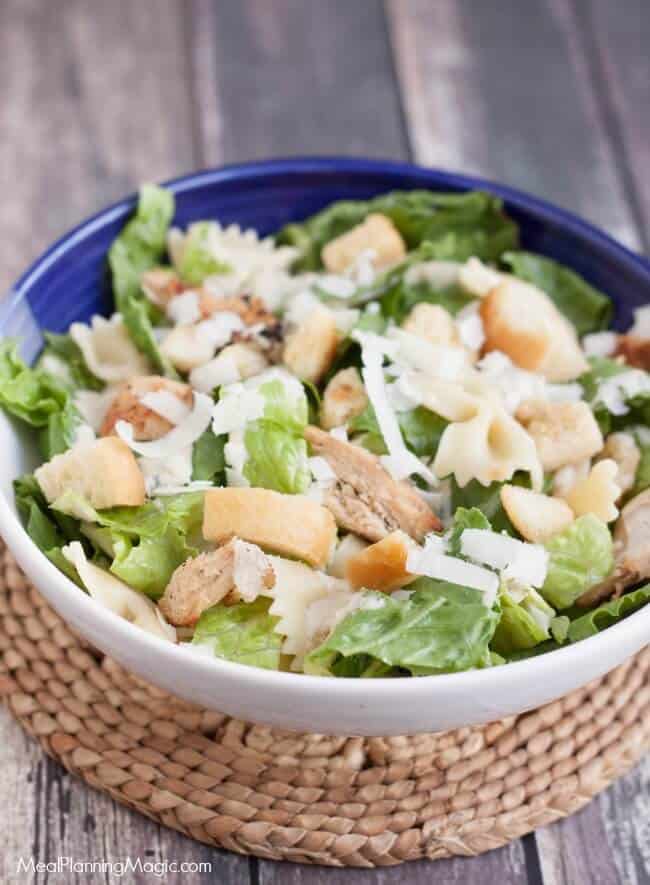 closeup image of Caesar chicken and pasta salad