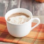 Close up image of Pumpkin Spice Latte Creamer in mug with orange checkered fabric and pumpkins.