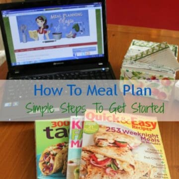 Collage image of cookbooks and laptop with title How To Meal Plan.