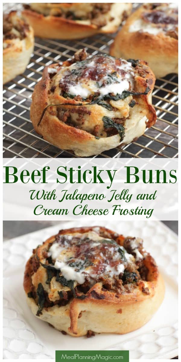 A delicious twist on cinnamon rolls, these Beef Sticky Buns with Jalapeno Jelly and Cream Cheese Frosting are full of protein with a homemade beef breakfast sausage and plenty of veggies like mushrooms and spinach. Perfect for company or anytime! Find the recipe at MealPlanningMagic.com #beef #breakfastrecipe #savorybreakfast #makeaheadrecipe #leanbeef collage image of beef sticky buns on rack and plate