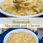 Collage image of homemade mac and cheese in white bowls with text overlay in middle.