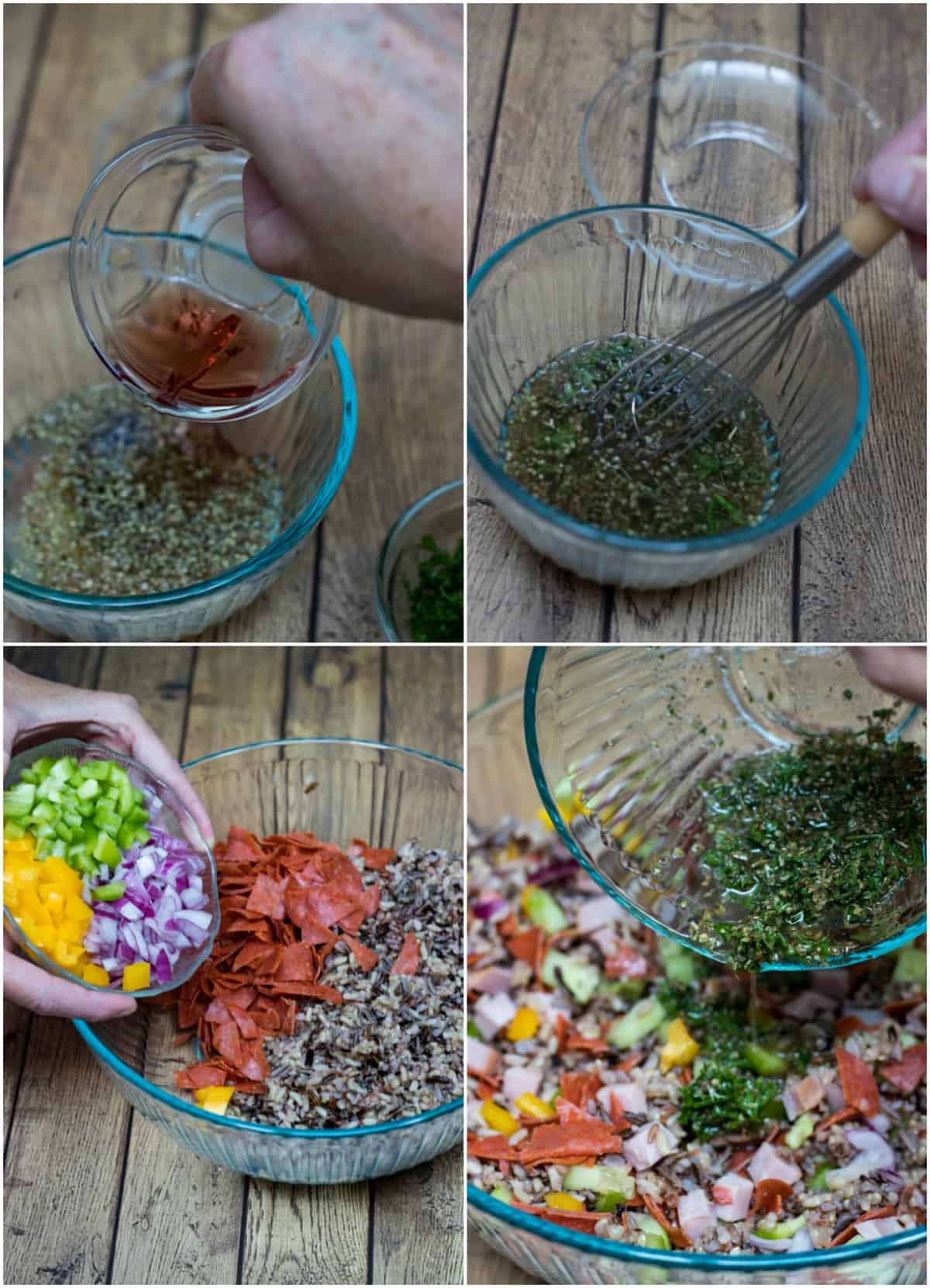 Collage image of assembly process for Italian Vegetable Wild Rice Salad