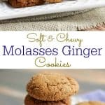 Collage image of soft and chewy molasses cookies with text overlay in between images