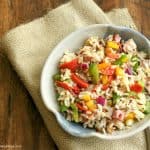 Top view image of Italian Vegetable Wild Rice Salad with ham and pepperoni.