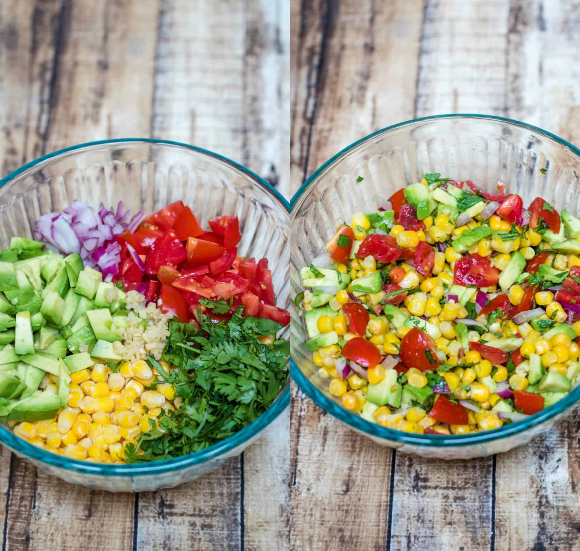 image of corn, avocado and tomato salsa ingredients in bowl