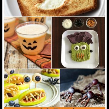 Collage image of healthy Halloween treat recipe ideas with text layer at bottom.