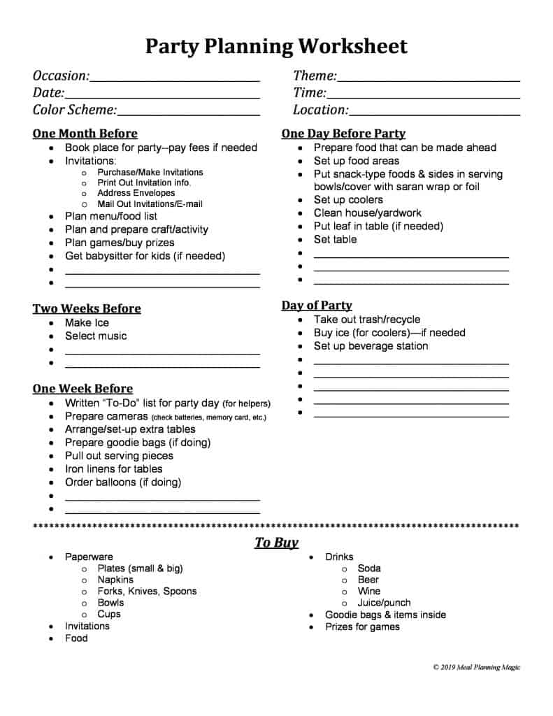 Party Planning Worksheets